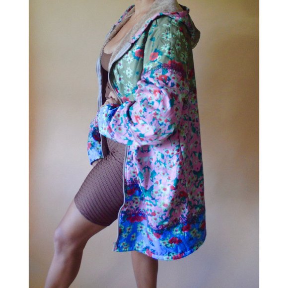 90s Floral Printed Fur-Lined Hooded Jacket - Picture 2 of 3